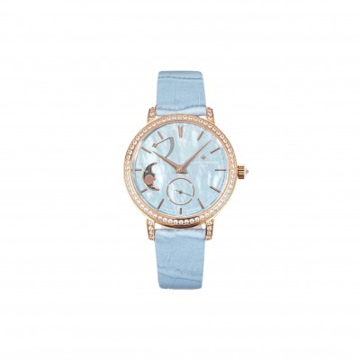 VACHERON CONSTANTIN TRADITIONELLE MOON PHASE BLUE MOP DIAL WITH DIAMOND BEZEL IN PINK GOLD ON BLUE LEATHER STRAP WATCH 83570/000R-9915